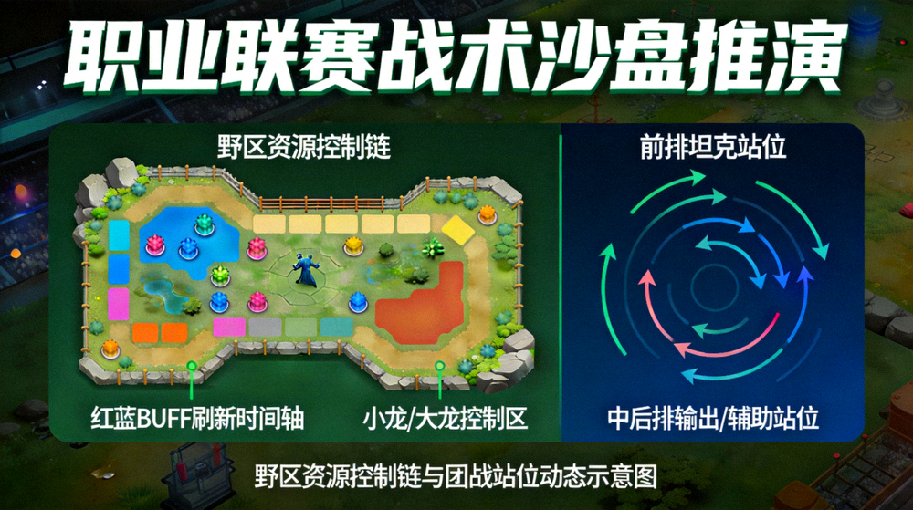 职业联赛战术沙盘推演：野区资源控制链与团战站位动态示意图